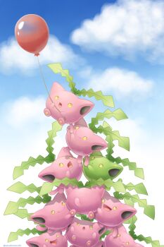 alternate_color balloon closed_mouth cloud commentary_request day gen_2_pokemon highres holding holding_string hoppip nintendo no_humans open_mouth outdoors pokemon pokemon_(creature) sasabunecafe shiny_and_normal shiny_pokemon sky smile string tongue yellow_eyes