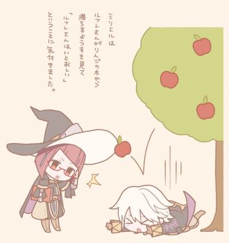 >_< 1boy 1girl :o apple apple_tree black_cape black_coat black_hat book cape chibi chibi_only coat commentary_request diagonal_bangs falling_apple fire_emblem fire_emblem_awakening food fruit glasses hat highres holding holding_book long_sleeves looking_at_another male_robin_(fire_emblem) miriel_(fire_emblem) nintendo on_ground open_mouth purple_cape red-framed_eyewear red_eyes red_hair single_tear translation_request tree tsujii_luki two-tone_cape white_hair witch_hat