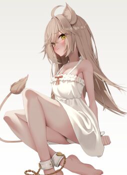 1girl absurdres ahoge animal_ear_fluff animal_ears bare_shoulders barefoot blush bound bound_legs bow breasts brown_hair cleavage closed_mouth commentary_request cuffs daimi_94 dress foot_out_of_frame hair_intakes highres indie_virtual_youtuber lion_ears lion_girl lion_tail long_hair looking_at_viewer medium_breasts panties pantyshot red_bow rurudo_lion shackles simple_background sitting sleeveless sleeveless_dress solo sundress tail underwear v-shaped_eyebrows virtual_youtuber white_background white_dress white_panties yellow_eyes