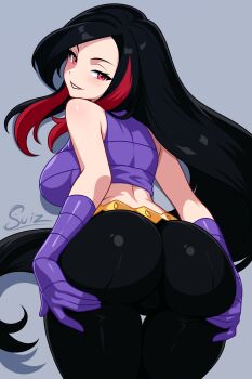 1girl absurdres artist_name ass ass_focus black_hair black_pants commission crop_top from_behind gloves highres huge_ass long_hair looking_at_viewer looking_back lucy_(pokemon) multicolored_hair nintendo pants pokemon pokemon_emerald pokemon_rse purple_gloves red_eyes red_hair smile solo su1zide two-tone_hair very_long_hair