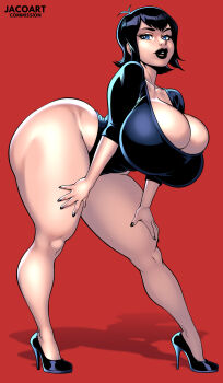 1girl alternate_breast_size_(larger) alternate_costume artist_name black_hair black_leotard black_lips black_nails black_shoes blue_eyes breasts cleavage english_text full_body hands_on_own_thighs high_heels highres hotel_transylvania huge_breasts jacogramc leotard looking_at_viewer mavis_dracula red_background shadow shoes short_hair simple_background solo thick_thighs thighs