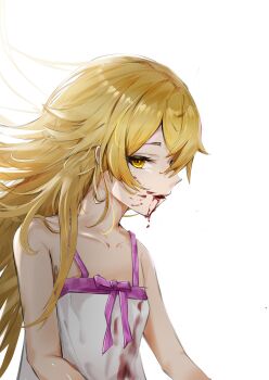 1girl absurdres bakemonogatari bare_arms bare_shoulders blonde_hair blood blood_on_clothes blood_on_face dress highres liuyunnnn long_hair looking_at_viewer monogatari_(series) oshino_shinobu simple_background sleeveless sleeveless_dress solo white_background white_dress yellow_eyes