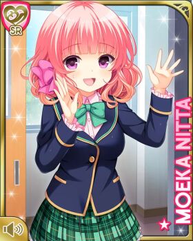 1girl blue_jacket bow button card character_name female_focus girlfriend_(kari) green_bow green_skirt indoors jacket nitta_moeka official_art open_hand open_mouth pink_bow pink_hair plaid_clothes plaid_skirt purple_eyes qp:flapper school shirt short_hair skirt smile solo valentine white_shirt