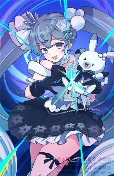 &gt;_&lt; 1girl 1other :3 animal aqua_eyes aqua_hair blue_gloves blue_hair blush closed_eyes commentary_request crystal_hair_ornament dress gloves gradient_hair hair_between_eyes hair_ornament hatsune_miku highres long_hair looking_at_another multicolored_hair nonkomu_(furiten5553) official_alternate_costume official_alternate_hairstyle open_mouth pleated_skirt rabbit rabbit_yukine single_thighhigh skirt sleeveless sleeveless_dress smile snowflake_hair_ornament snowflake_ornament snowflake_print striped_clothes striped_thighhighs thigh_strap thighhighs twintails very_long_hair vocaloid wand wavy_hair white_hair white_rabbit_(animal) white_thighhighs yuki_miku yuki_miku_(2025)