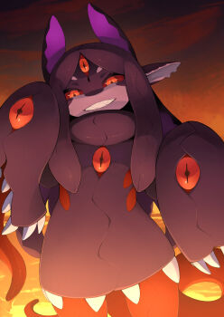 1girl colored_sclera commentary_request dragon_girl dress extra_eyes extra_mouth furry furry_female grin highres horns kamukamu6392 living_clothes looking_at_viewer monster_girl orange_eyes original red_sclera sharp_teeth sleeves_past_fingers sleeves_past_wrists slit_pupils smile solo teeth third_eye