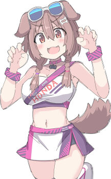 1girl absurdres animal_ears bone_hair_ornament braid breasts brown_hair cartoon_bone claw_pose cleavage commentary dog_ears dog_girl dog_tail fangs hair_ornament highres hololive inugami_korone looking_at_viewer medium_breasts navel open_mouth skirt solo sunglasses tail twin_braids umberblack white_background