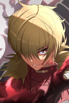 1girl absurdres blonde_hair blood blood_on_face commentary_request eiryu33 hair_over_one_eye hellsing highres long_hair parted_lips red_eyes red_shirt seras_victoria shirt solo upper_body