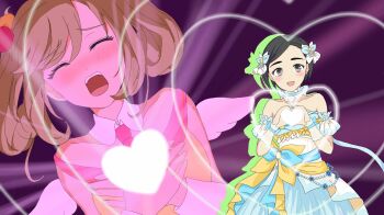 2girls :o angel_wings bare_shoulders blush bow closed_eyes ending_song glowing_heart hair_bobbles hair_bow hair_ornament heart heart_hands heart_on_chest highres idol_clothes idolmaster idolmaster_cinderella_girls love_je_t&#039;aime matsuo_chizuru multiple_girls open_mouth own_hands_together parody pose_imitation sato_shin short_hair sumikawa_(r04013104) wings