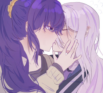 2girls asahina_mafuyu black_shirt blue_jacket blush closed_eyes commentary ear_blush flying_sweatdrops hand_on_another&#039;s_face highres jacket kiss multiple_girls ponytail project_sekai purple_eyes purple_hair sardtins shirt simple_background white_background yoisaki_kanade yuri