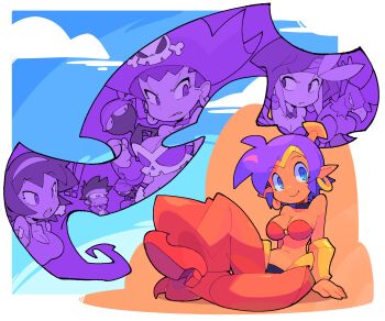 1boy 4girls arabian_clothes bacun bandeau big_hair bird blue_sky bolo_(shantae) bracer breasts cleavage cloud dark-skinned_female dark_skin earrings hairband harem_pants hat headband highres hood hoop_earrings jewelry large_breasts long_hair looking_at_viewer medium_hair multiple_girls o-ring o-ring_top on_ground pants pirate pirate_hat pointy_ears pointy_shoes purple_hair risky_boots rottytops shantae shantae_(series) shoes short_hair sitting skull_and_crossbones skull_earrings sky sky_(shantae) smile stitched_arm stitches sweatdrop tiara tinkerbat very_long_hair wrench_(shantae) zombie