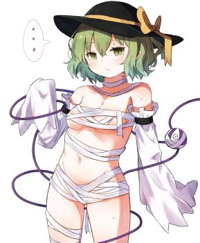 ... 1girl :/ @_@ ar_(maeus) bandages black_hat bow breasts cleavage closed_mouth commentary_request cowboy_shot green_eyes green_hair hair_between_eyes hat hat_bow hat_ribbon highres komeiji_koishi long_sleeves looking_at_viewer naked_bandage navel ribbon shirt short_hair simple_background sleeves_past_fingers sleeves_past_wrists small_breasts solo spoken_ellipsis third_eye touhou white_background white_shirt yellow_bow yellow_ribbon