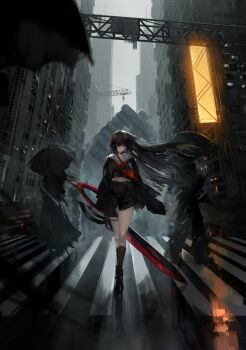 1girl absurdres arm_cutout artist_name black_choker black_hair black_jacket black_shirt black_skirt chisa_(wuthering_waves) choker clothing_cutout commentary english_commentary english_text hair_ribbon highres holding holding_sword holding_weapon jacket lewdlily66 long_hair neckerchief outdoors red_neckerchief red_ribbon ribbon sailor_collar second-party_source shirt skirt solo sword tacet_mark_(wuthering_waves) textless_version thigh_strap weapon white_sailor_collar wind wuthering_waves