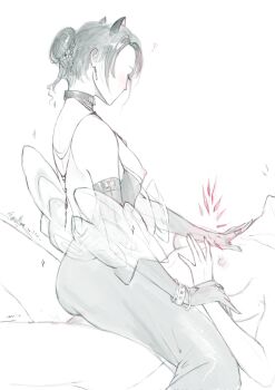 2girls breasts breasts_out chief_(path_to_nowhere) clothed_female_nude_female commentary earrings elbow_gloves english_commentary female_chief_(path_to_nowhere) gloves greyscale hair_bun hand_on_another&#039;s_neck highres holding_another&#039;s_wrist jewelry medium_breasts monochrome multiple_girls nipples nude path_to_nowhere pussy_juice renepolumorfous spot_color straddling yuri