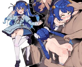 1girl age_difference amamiya_kokoro anus ass blue_hair blue_shirt blue_skirt breasts censored cum cum_in_mouth cum_in_nose cum_in_pussy cum_overflow fellatio grabbing_another's_hair grey_hair hand_on_another's_head hanging_legs heart heart_censor hetero highres holding_another's_hair loli long_hair looking_up male_pubic_hair maryn multiple_views nijisanji nipples no_panties nude oral pubic_hair pussy sex sex_from_behind shirt skirt slap_mark small_breasts smile stray_pubic_hair thighhighs twintails v vaginal virtual_youtuber white_thighhighs yellow_eyes