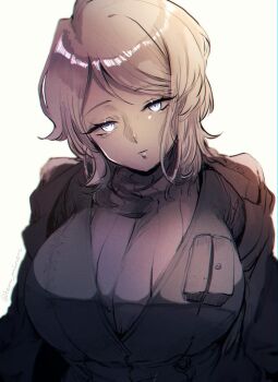 1girl black_coat black_suit blue_eyes breasts coat coat_on_shoulders commentary_request expressionless faust_(project_moon) formal_clothes glowing glowing_eyes grey_hair grey_sweater hair_between_eyes hair_intakes lapels large_breasts limbus_company looking_at_viewer medium_hair notched_lapels project_moon solo suit sweater temari_momiji turtleneck turtleneck_sweater upper_body white_background