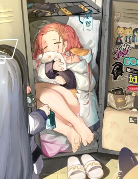 3girls absurdres aris_(blue_archive) barefoot black_hair black_hairband blonde_hair blue_archive forehead grenade_launcher hairband handheld_game_console highres id_software in_locker jacket kojima_productions locker long_hair long_sleeves menthako midori_(blue_archive) momoi_(blue_archive) multiple_girls nintendo nintendo_switch panties pantyshot photo_(object) red_hair single_bare_shoulder sleeping sleeves_past_wrists slippers toenails toes underwear unworn_slippers very_long_hair weapon white_jacket white_panties wide_sleeves yuzu_(blue_archive)