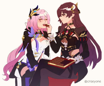 2girls black_dress black_pantyhose black_shorts black_shrug breasts brown_hair cleavage commentary corset crae_(craeyone) crossed_legs dress earrings eden_(honkai_impact) elf elysia_(honkai_impact) elysia_(miss_pink_elf)_(honkai_impact) english_commentary feeding hair_ornament honkai_(series) honkai_impact_3rd jewelry large_breasts long_hair multiple_girls open_mouth pantyhose pink_hair pointy_ears shorts shrug_(clothing) simple_background sitting twitter_username very_long_hair white_background white_corset yuri