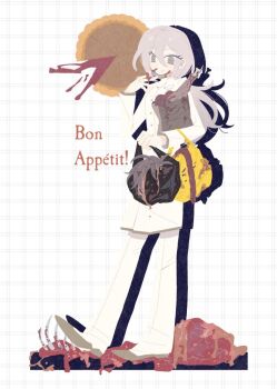 1girl blood bone cannibalism closed_mouth dress full_body grey_eyes grey_hair grey_shoes hair_between_eyes intestines library_of_ruina low_ponytail organs pants pierre_(project_moon) ponytail project_moon ribs shoes simple_background solo white_background white_dress white_pants yesheng_zong_ren