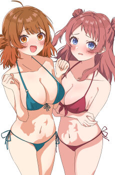 2girls absurdres bikini blue_bikini blue_eyes breasts brown_eyes brown_hair commentary_request crossed_arms gakuen_idolmaster hanami_saki hanami_ume highres idolmaster large_breasts looking_at_viewer medium_hair multiple_girls navel open_mouth red_bikini siblings simple_background sisters stomach swimsuit two_side_up urishima white_background