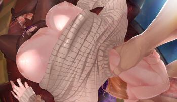 1boy 1girl asphyxiation black_pantyhose breasts censored cheating_(relationship) clothes_lift commentary_request commission erection fellatio female_ejaculation female_pubic_hair hair_between_eyes hair_bun head_back hetero highres huge_breasts irrumatio jewelry large_breasts light_blush mature_female mosaic_censoring nipples oral orange_eyes orange_hair panties pantyhose penis pixiv_commission pubic_hair purple_panties q_(ed69) reverse_fellatio ring single_hair_bun solo_focus sweat sweater sweater_lift torn_clothes torn_pantyhose underwear wedding_ring white_sweater yahari_ore_no_seishun_lovecome_wa_machigatteiru. yuigahama_yui's_mother