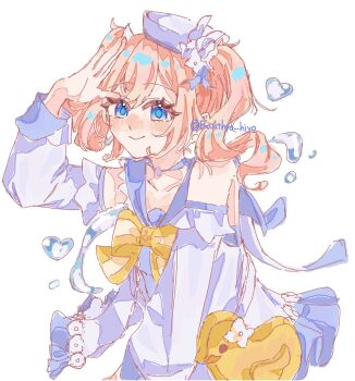 1girl arm_up artist_name bag banthyo_hiyo barbara_(genshin_impact) barbara_(summertime_sparkle)_(genshin_impact) bare_shoulders blonde_hair blue_eyes blue_gem blue_hat blue_ribbon blush bow chest_bow closed_mouth collarbone commentary_request detached_sleeves dress flower flower_ornament gem genshin_impact hair_between_eyes hair_flower hair_ornament hair_ribbon hat highres jewelry long_hair long_sleeves looking_at_viewer mini_hat necklace official_alternate_costume puffy_detached_sleeves puffy_long_sleeves puffy_sleeves ribbon sailor_collar simple_background sleeveless sleeveless_dress smile solo twintails upper_body water_drop wavy_hair white_background white_dress white_flower white_sleeves yellow_bow