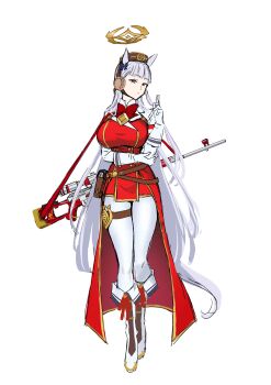 1girl absurdres animal_ears arm_under_breasts blue_archive boots bow breasts closed_mouth coat dragunov_svd full_body gloves gold_ship_(red_strife)_(umamusume) gold_ship_(umamusume) gun hair_bow halo highres hime_cut horse_ears horse_girl horse_tail ketsuge large_breasts long_sleeves pantyhose purple_bow purple_eyes purple_hair red_bow red_coat rifle simple_background sniper_rifle solo tail umamusume weapon white_background white_boots white_gloves white_pantyhose
