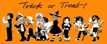 4boys 5girls 74000000star absurdres alternate_costume bag baxter_ward bead_bracelet beads black_cat black_dress boots bow bracelet broom bucket cape cat character_request check_character chibi chibi_only cove_holden derek_suarez dress elizabeth_last everyone eyepatch full_body hair_bow hair_ornament halloween_bucket hand_up hat highres holding holding_broom holding_bucket jewelry jorge_suarez lee_last limited_palette messy_hair miranda_eckert multiple_boys multiple_girls nicolas_suarez our_life our_life:_beginnings_and_always pet_walking pirate_hat sandals shoulder_bag smile standing starfish_hair_ornament suspenders sword terry_brook trick_or_treat weapon