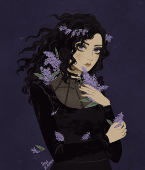 1girl black_hair choker expressionless eyelashes eyeshadow floating_hair flower frilled_shirt frills hair_flower hair_ornament holding holding_flower lavender_(flower) looking_at_viewer makeup pau purple_eyes see-through_clothes shirt solo the_witcher_(series) wavy_hair wind yennefer