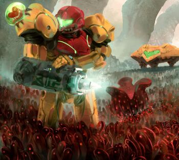 1girl arm_cannon armor assault_visor metroid metroid_(creature) metroid_2:_return_of_samus metroid_larva nintendo power_armor power_suit_(metroid) red_armor sammy_hall samus&#039;s_gunship samus_aran spacecraft third-party_source two-tone_armor varia_suit weapon