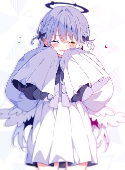 1girl blue_eyes blurry blurry_foreground commentary cowboy_shot dress feathered_wings grey_hair halo heart heterochromia highres long_hair low_wings original simple_background sleeves_past_fingers sleeves_past_wrists solo squinting suisei_1121 two_side_up white_background white_dress wings yellow_eyes