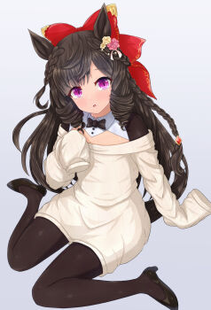 Rule 34 | 1girl, absurdres, alternate costume, animal ears, black pantyhose, black shoes, blush, bow, braid, breasts, brown hair, commentary request, daiichi ruby (umamusume), drill hair, high heels, highres, horse ears, horse girl, horse tail, long hair, looking at viewer, m172/minatsu, off-shoulder sweater, off shoulder, pantyhose, parted lips, pink eyes, red bow, reverse bunnysuit, reverse outfit, shoes, simple background, sitting, sleeves past fingers, sleeves past wrists, small breasts, solo, sweater, tail, umamusume, very long hair, white background, white sweater, yokozuwari