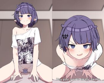 1girl 2koma @_@ alternate_costume bed_sheet blunt_bangs blush bob_cut breasts censored cleavage closed_mouth comic downblouse english_text good_morning_my_brother_(meme) hair_intakes hair_ornament hairclip halo highres hololive hololive_english indoors leaning_forward looking_at_viewer meme mole mole_under_eye naughty_face ninomae_ina&#039;nis ninomae_ina&#039;nis_(loungewear) no_pants novelty_censor off_shoulder orobou paid_reward_available parted_lips pointy_ears pov print_shirt purple_eyes purple_hair scene_reference shirt short_hair single_bare_shoulder small_breasts smile socks spread_legs straddling subtitled takodachi_(ninomae_ina&#039;nis) the_elder_scrolls the_elder_scrolls_v:_skyrim tokidoki_bosotto_roshia-go_de_dereru_tonari_no_alya-san v-shaped_eyebrows virtual_youtuber white_socks you&#039;re_finally_awake_(meme)