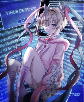 ankle_socks bare_legs blonde_hair blue_eyes blue_hair blue_screen_of_death bow cat_hair_ornament chouzetsusaikawa_tenshi-chan chouzetsusaikawa_tenshi-chan_(needy_girl_overdose_exhibition) convenient_leg dim_lighting error_message fellipoop floating full_body glitch hair_between_eyes hair_bow hair_ornament highres hood hoodie knees_up miniskirt multicolored_hair multiple_hair_bows needy_girl_overdose no_shoes one_eye_closed pink_hair pink_hoodie purple_socks quad_tails red_bow sidelocks skirt sleeves_past_wrists socks thighs virus window_(computing)