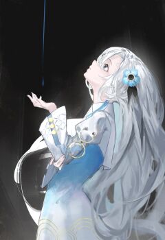 1girl blue_eyes blue_hair discharge_smp dress highres isekaijoucho kamitsubaki_studio liquid long_hair looking_up multicolored_hair profile solo two-tone_hair very_long_hair white_hair