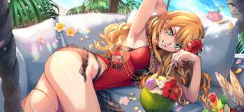 1girl ass blonde_hair breasts code_geass code_geass:_lost_stories code_geass:_soubou_no_oz f4samurai green_eyes hair_ornament highres long_hair medium_breasts nail_polish official_art oldrin_zevon red_nails smile swimsuit teeth