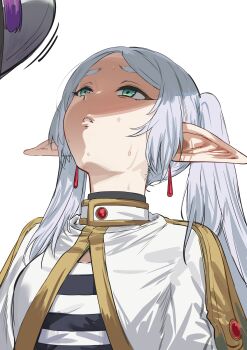 blue_sky breasts capelet earrings elf fern_(sousou_no_frieren) frieren from_below green_eyes hair_over_shoulder hews highres jewelry large_breasts light_smile long_pointy_ears looking_up meme parted_bangs pointy_ears purple_hair shirt signature sky sousou_no_frieren striped_clothes striped_shirt sweat teardrop_earrings twintails upward_angle_frieren_drawing_(meme) white_capelet white_hair worried