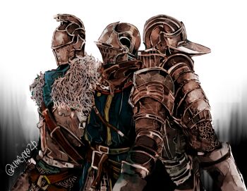 3others ambiguous_gender armor bearer_of_the_curse belt blue_tunic breastplate brown_belt chosen_undead commentary_request dark_souls_(series) dark_souls_i dark_souls_ii demon&#039;s_souls fur_collar gauntlets helm helmet knight looking_afar multiple_others other_focus pauldrons shoulder_armor slayer_of_demons tunic umeyama_(toma23) upper_body white_background