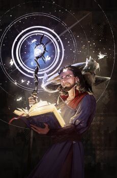 1boy animal animal_on_shoulder baldur's_gate baldur's_gate_3 beard belt book bookmark bracer brown_eyes brown_hair bug casting_spell cat cat_on_shoulder crystal dungeons_&amp;_dragons emikart facial_hair feathered_wings folded_wings full_beard gale_(baldur's_gate) glowing glowing_book glowing_crystal glowing_insect glowing_weapon grimoire highres holding holding_book holding_staff insect leather_belt looking_at_animal looking_at_object looking_back looking_down mage_staff magic male_focus mature_male moth purple_light purple_robe reading robe staff surprised tara_(baldur's_gate) weapon wide-eyed winged_animal winged_cat wings wizard