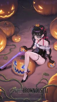1girl artist_request black_eyes black_gloves black_hair black_hairband black_shoes brown_dust_(series) brown_dust_2 collarbone copyright_name copyright_notice fake_horns gloves grey_eyes hairband heterochromia high_heels highres holding holding_pumpkin horn_hairband horns jack-o&#039;-lantern official_art open_mouth pink_horns pink_wings pumpkin shadow shoes single_leg_pantyhose sonya_(brown_dust_2) thigh_strap wings