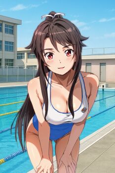 1girl black_hair blue_one-piece_swimsuit blue_sky breasts building cleavage cloud commentary_request competition_swimsuit day hands_on_own_thighs high_school_fleet highres lane_line logo long_hair medium_breasts munetani_mashiro one-piece_swimsuit outdoors pool red_eyes sky smile solo swimsuit tamura_ten two-tone_swimsuit yokosuka_girls_marine_high_school_swimsuit