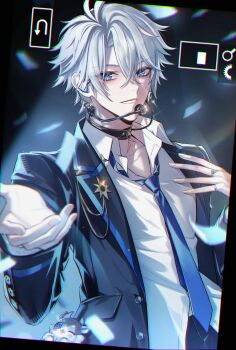 1boy absurdres alternate_costume black_jacket blue_eyes blue_necktie collared_shirt commentary_request hair_between_eyes headset highres honkai:_star_rail honkai_(series) jacket jewelry kasasagi_(kasasagi0000) loose_necktie male_focus multiple_rings necktie parted_lips phainon_(honkai:_star_rail) reaching reaching_towards_viewer ring shirt short_hair smile solo upper_body white_hair white_shirt yellow_pupils