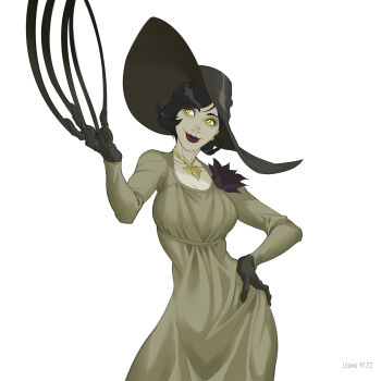 Rule 34 | 1girl, absurdres, alcina dimitrescu, artist name, black gloves, black hair, black hat, breasts, claws, cleavage, closed mouth, cowboy shot, dress, dress flower, earrings, fezzleoni, flower, gloves, gold necklace, grey dress, hand on own hip, hat, highres, jewelry, large breasts, long dress, long sleeves, necklace, pale skin, pearl earrings, red lips, resident evil, resident evil village, short hair, smile, solo, sun hat, white background, wide brim, yellow eyes
