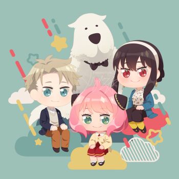 Rule 34 | 1boy, 2girls, ahoge, anya (spy x family), black bow, black bowtie, black pants, bond (spy x family), bow, bowtie, brown hair, brown pants, chibi, chibi only, dog, dress, eyelashes, family, green eyes, hairband, hairpods, kinokorin, multiple girls, pants, red dress, red eyes, sitting, smile, spy x family, twilight (spy x family), white dog, white hairband, yor briar