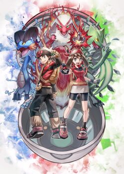 1boy 1girl ankle_socks bag bandana beanie bike_shorts black_pants black_shorts black_socks blaziken brendan_(pokemon) brown_hair claws fanny_pack fingerless_gloves fire gen_3_pokemon gloves hat highres holding holding_poke_ball kuroi_susumu leaf may_(pokemon) miniskirt nintendo open_mouth open_poke_ball pants pants_tucked_in poke_ball poke_ball_(basic) pokemon pokemon_(creature) pokemon_rse pokenav red_bandana red_footwear sceptile shirt short_hair short_sleeves shorts skirt smile socks starter_pokemon_trio swampert talons water white_skirt yellow_gloves