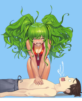 Rule 34 | 1boy, 1girl, breasts, breasts squeezed together, cleavage, cpr, crying, girls' frontline, green hair, highres, lifeguard, long hair, m950a (girls' frontline), medium breasts, messy hair, one-piece swimsuit, open mouth, romana, simple background, swimsuit, tan, tanline, twintails, whistle