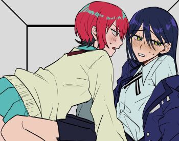 2girls absurdres amate_yuzuriha black_hair black_skirt blue_jacket blue_shirt blue_skirt blush collared_shirt commentary_request green_eyes green_sweater gundam gundam_gquuuuuux hahahano927 highres jacket long_hair multicolored_hair multiple_girls nyaan_(gundam_gquuuuuux) open_mouth pleated_skirt purple_hair red_hair shirt short_hair skirt stuck_in_a_box sweatdrop sweater two-tone_hair yuri