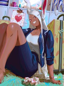 Rule 34 | 1girl, 2026, alternate costume, animal ears, blue jacket, blue skirt, boku no hero academia, breasts, commentary, dark-skinned female, dark skin, english commentary, feet out of frame, gloves, grin, heart, highres, hitomazuki, holding, holding paper, indoors, jacket, jewelry, knees up, large breasts, leotard, long eyelashes, long hair, looking at viewer, mirko, necklace, paper, parted bangs, pendant, rabbit ears, rabbit girl, red eyes, shirt, shirt tucked in, sitting, skirt, smile, solo, suitcase, unworn clothes, unworn gloves, unworn leotard, very long hair, white gloves, white hair, white leotard, white shirt