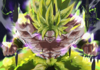 1boy abs aura broly_(dragon_ball_super) clenched_hands clenched_teeth cowboy_shot dragon_ball dragon_ball_super dragon_ball_super_broly electricity green_eyes green_hair highres legendary_super_saiyan long_hair muscular muscular_male parted_lips powering_up scar scar_on_face solo stktik09060906 super_saiyan teeth topless_male watermark