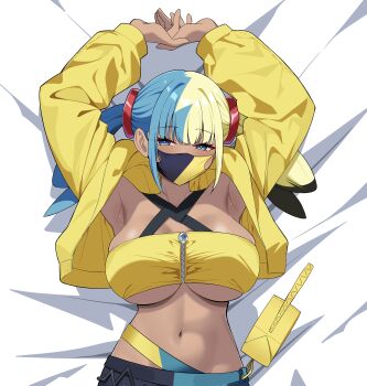 Rule 34 | 1girl, absurdres, alternate breast size (larger), bandeau, blonde hair, blue hair, breasts, canari (pokemon), dark-skinned female, dark skin, highres, jacket, large breasts, looking at viewer, lying, multicolored hair, nintendo, on back, pokemon, pokemon legends: z-a, reia 76, underboob, yellow bandeau, yellow jacket