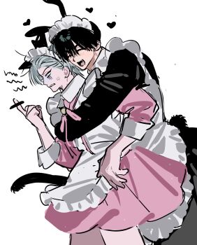 Rule 34 | 186cm78kg, 2boys, alien stage, anger vein, animal ears, apron, black dress, cat ears, cat tail, closed eyes, commentary, crossdressing, crossdressing (mtf), dress, fang, frilled apron, frills, green eyes, heart, highres, hug, hug from behind, ivan (alien stage), maid, maid headdress, male focus, male maid, middle finger, multiple boys, official alternate costume, pink dress, rabbit ears, rabbit tail, smile, tail, till (alien stage), white apron, white background